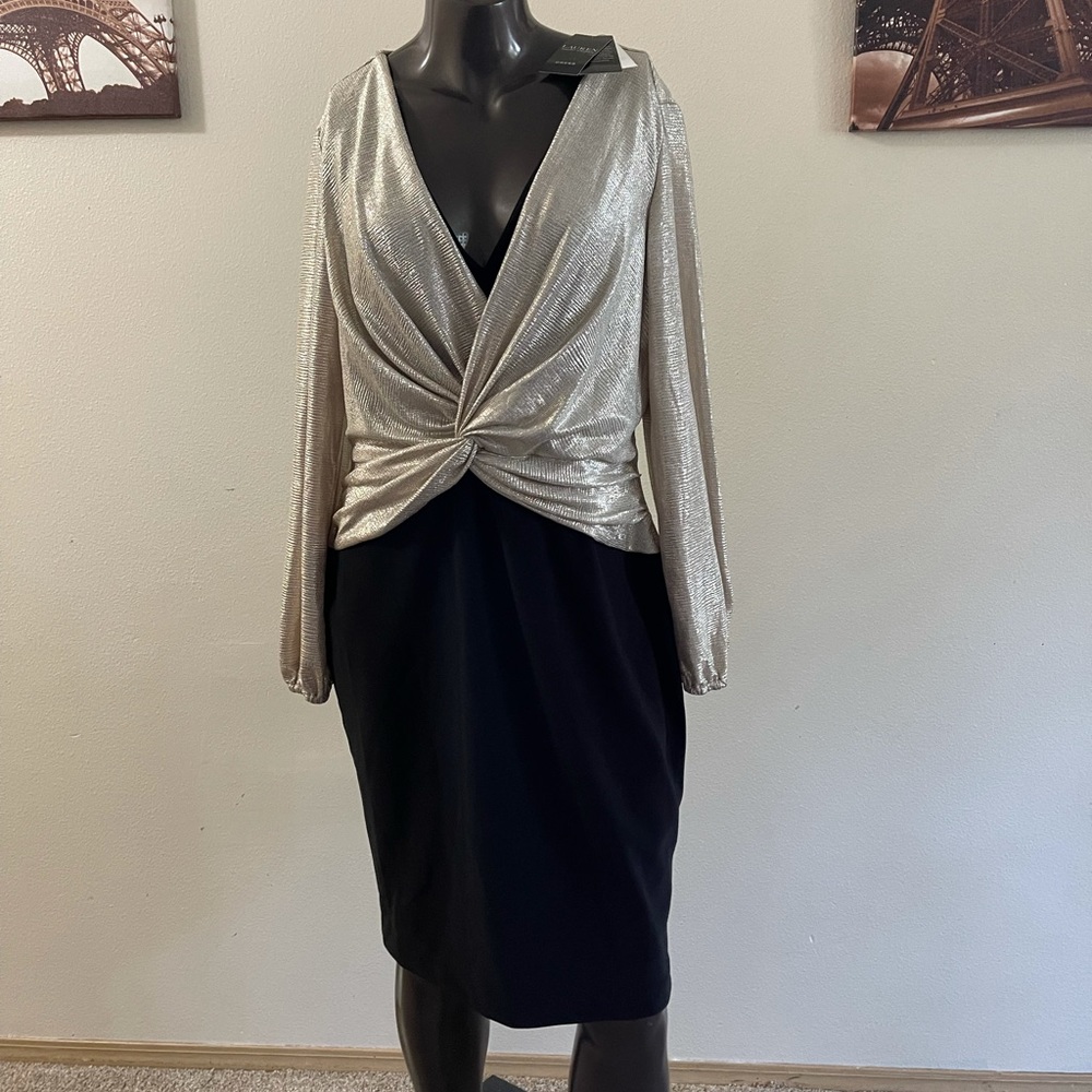 Gold and black plunge neck party dress Ralph Lauren long sleeve midi size 14 NWT